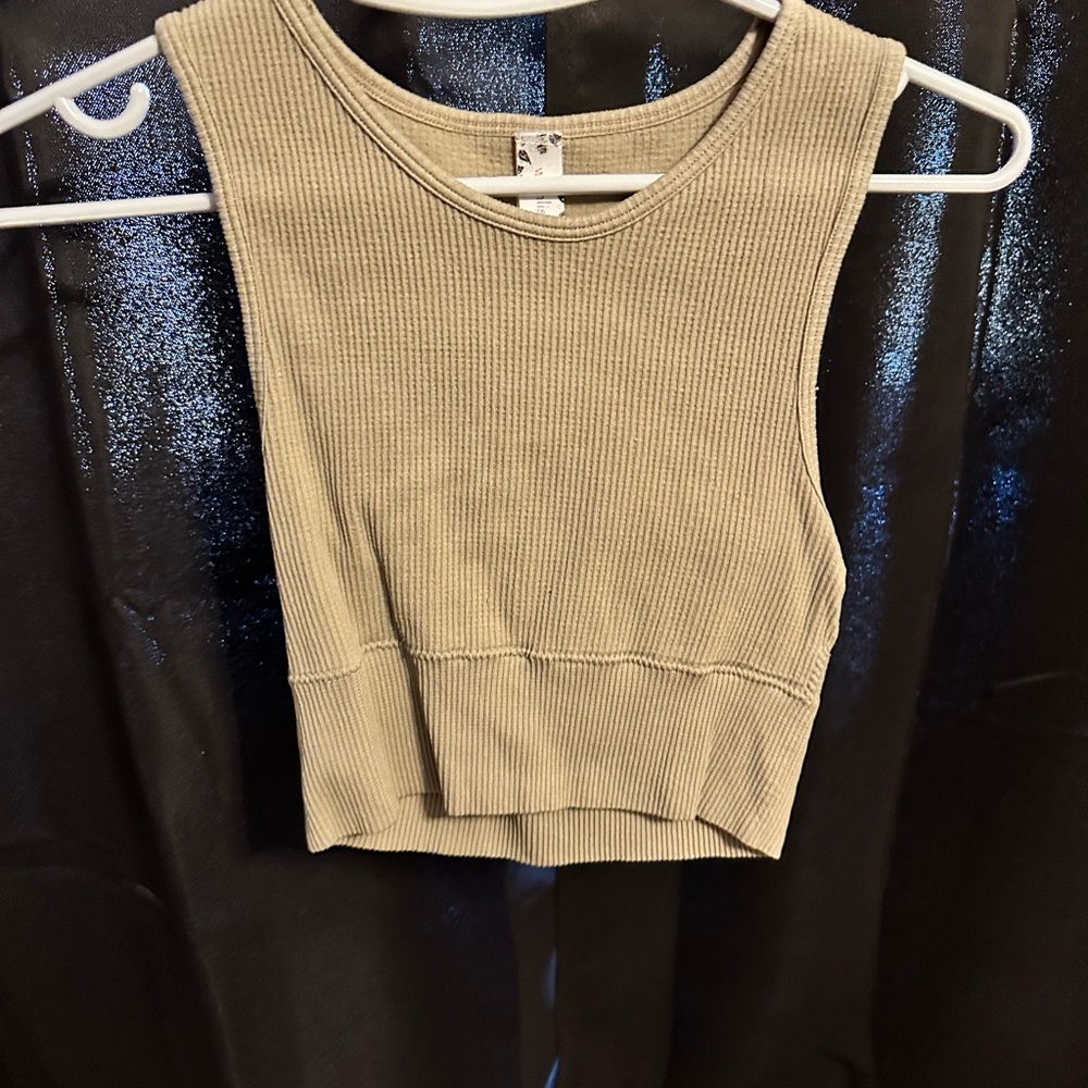Beige Ribbed Sleeveless Crop Top